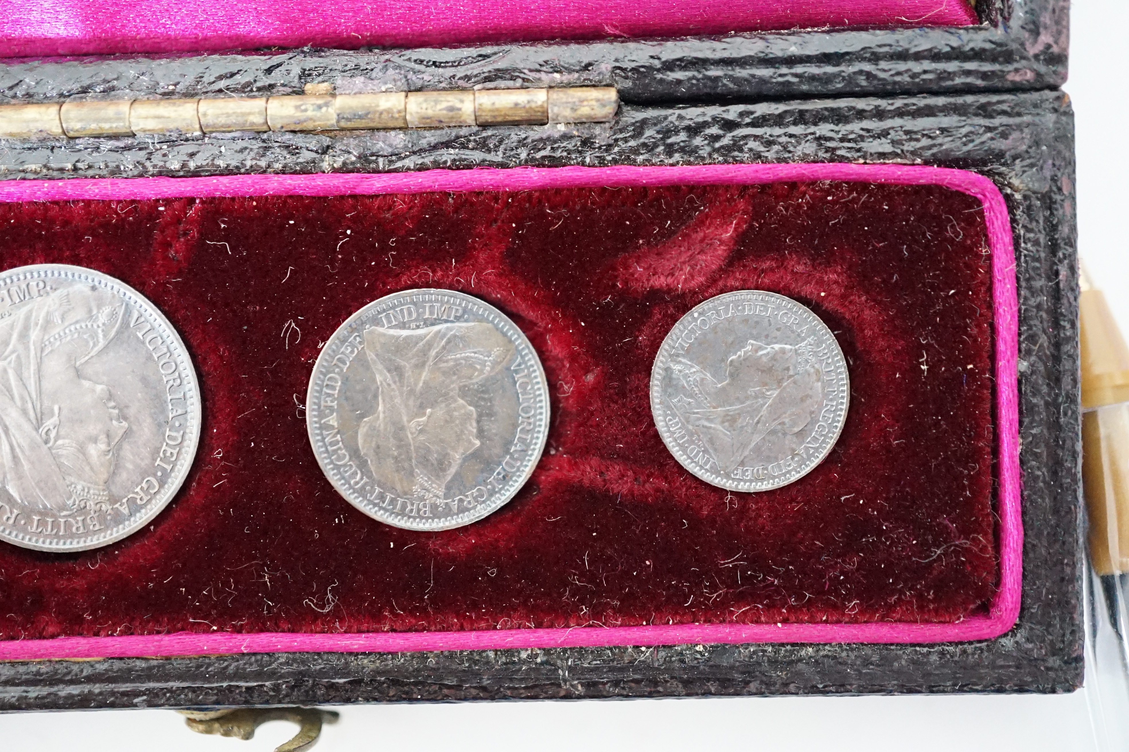 British silver coins, Victoria Maundy coin set, 1d - 4d, 1901, UNC, cased, 1895 crown, good fine, 1889 double florin, 1887 halfcrown, George IV shilling 1826, George V Crown, 1928, good VF, toned, and other various coins